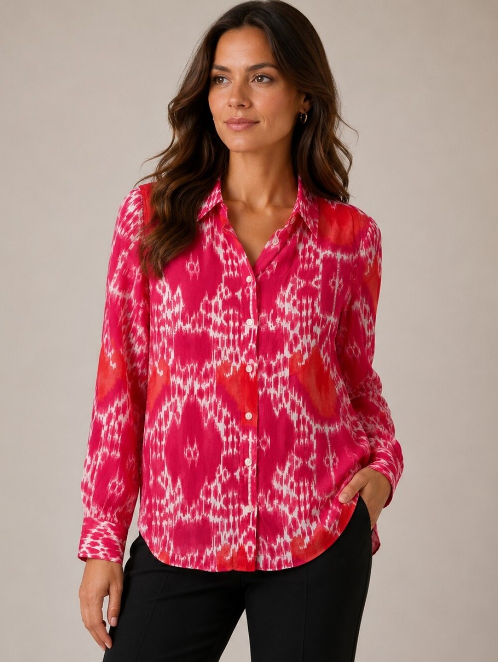 Jones New York Pink And White Tie-dye Button-Down Long Sleeve Shirt